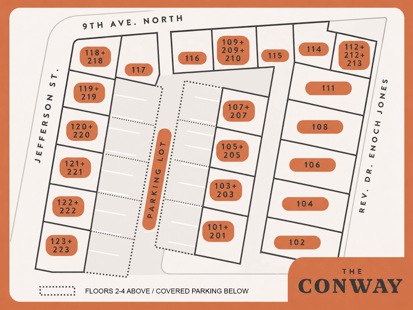 The Conway site map: 35 suites in three rows between 9th Ave North, Jefferson St, and Rev. Dr. Enoch Jones Blvd, with covered parking at the center